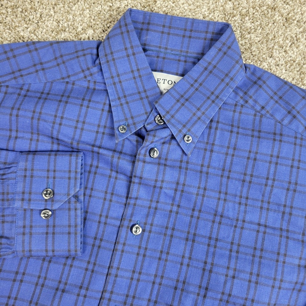 Eton Slim Mens 15.5-39 Blue Plaid Check Button Down Long Sleeve